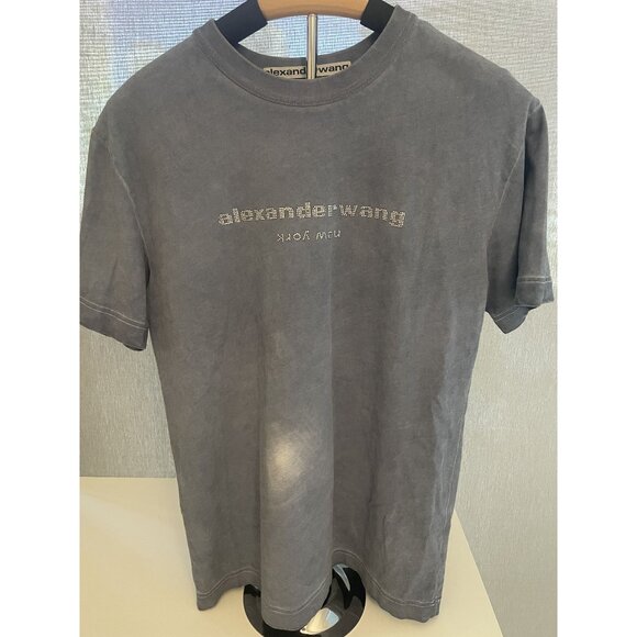 Alexander Wang Washed Gray T-Shirt With Rhinestone Logo Design - Picture 1 of 9